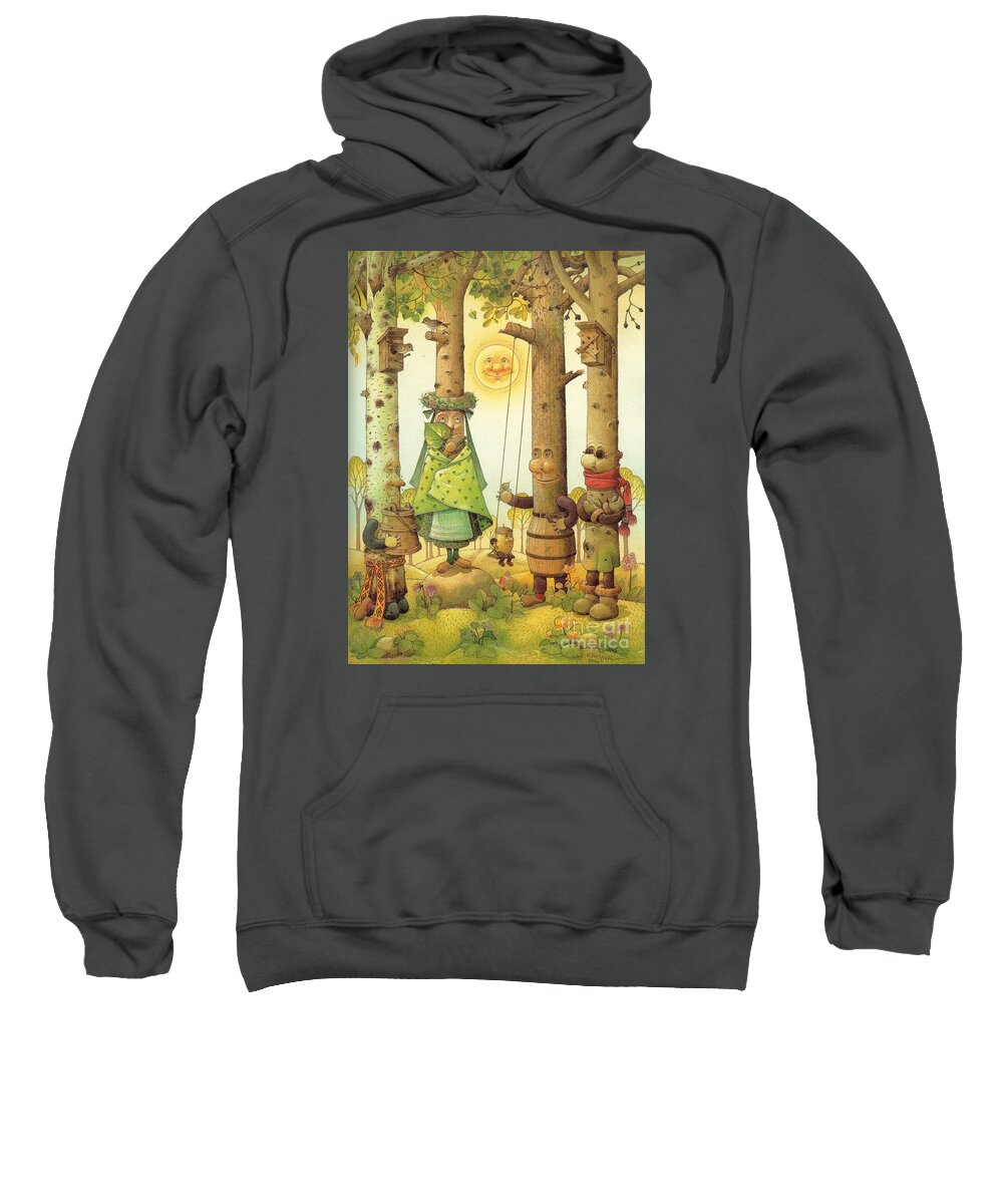 Landscape Tree Forest Green Fairy Tales Sun Spring Sweatshirt featuring the painting Four Trees by Kestutis Kasparavicius