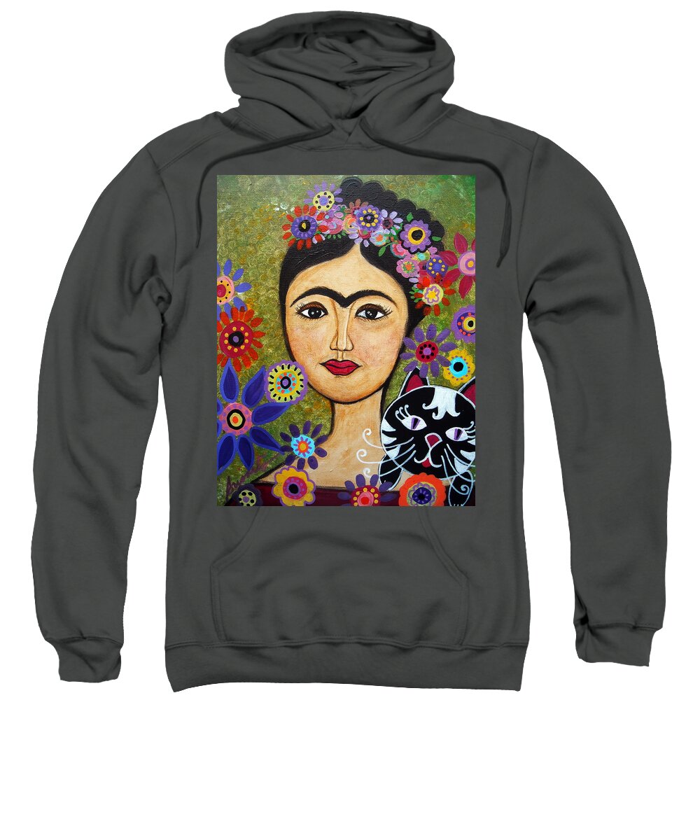 Frida Sweatshirt featuring the painting Frida Kahlo And Cat by Pristine Cartera Turkus