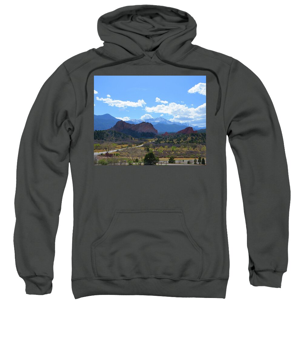 Scenery Sweatshirt featuring the photograph Garden of the Gods in April - Park Entrance by Alex Vishnevsky