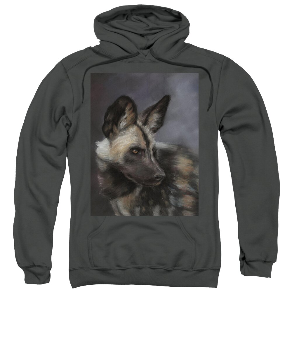 African Painted Dog Sweatshirt featuring the pastel Gazing by Kirsty Rebecca