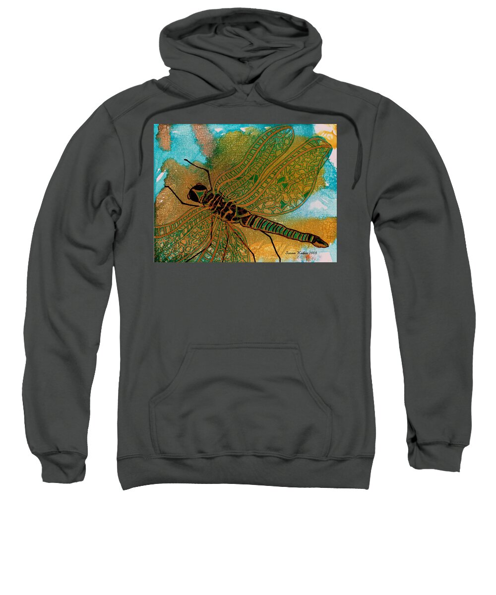 Dragonfly Sweatshirt featuring the mixed media Golden Dragonfly by Susan Kubes