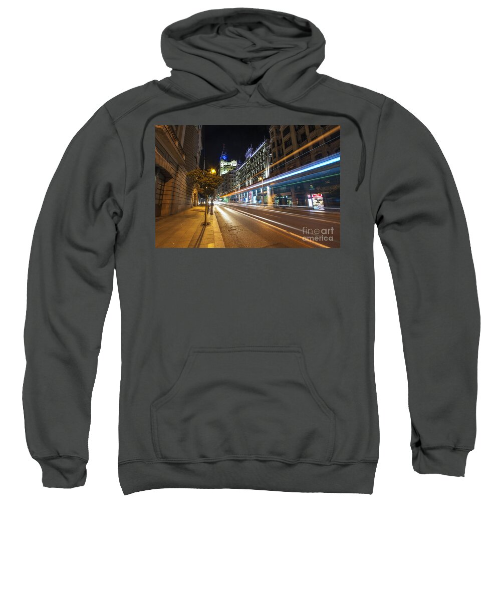 Yhun Suarez Sweatshirt featuring the photograph Gran Via Light Trails 1.0 by Yhun Suarez