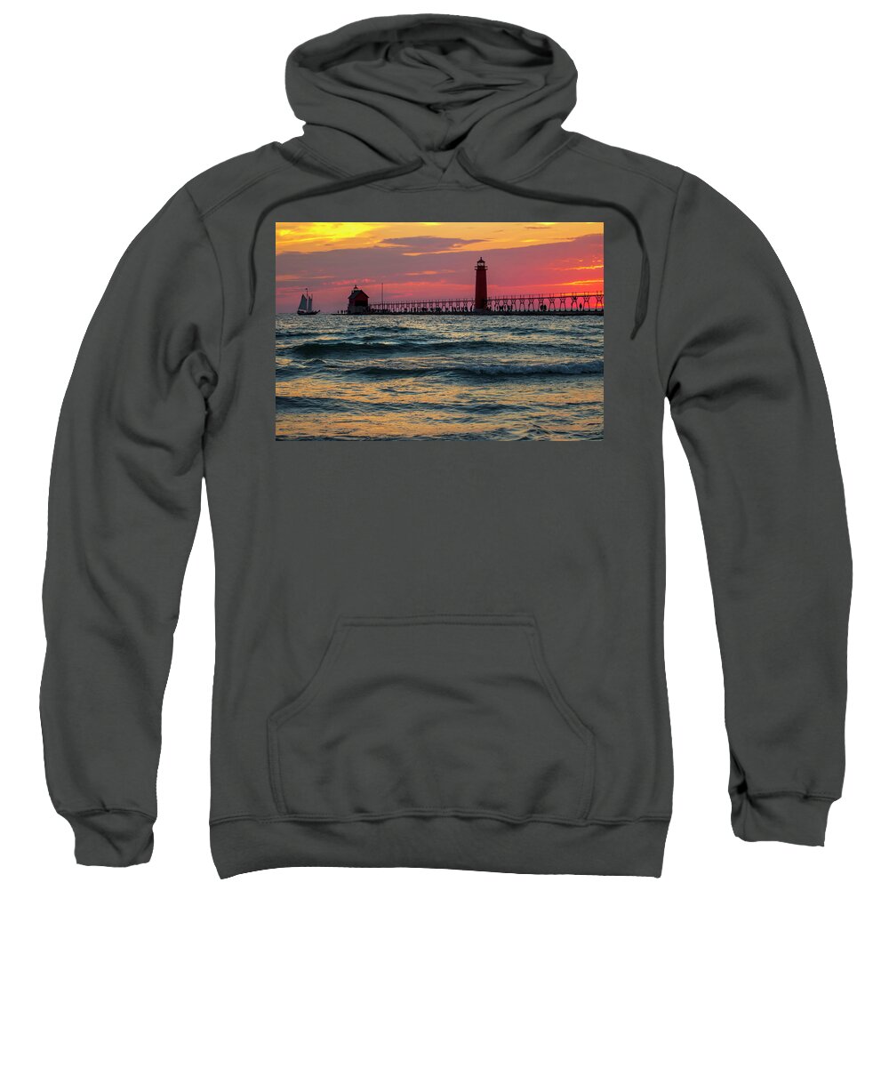 Pier Sweatshirt featuring the photograph Grand Haven Pier Sail by Pat Cook