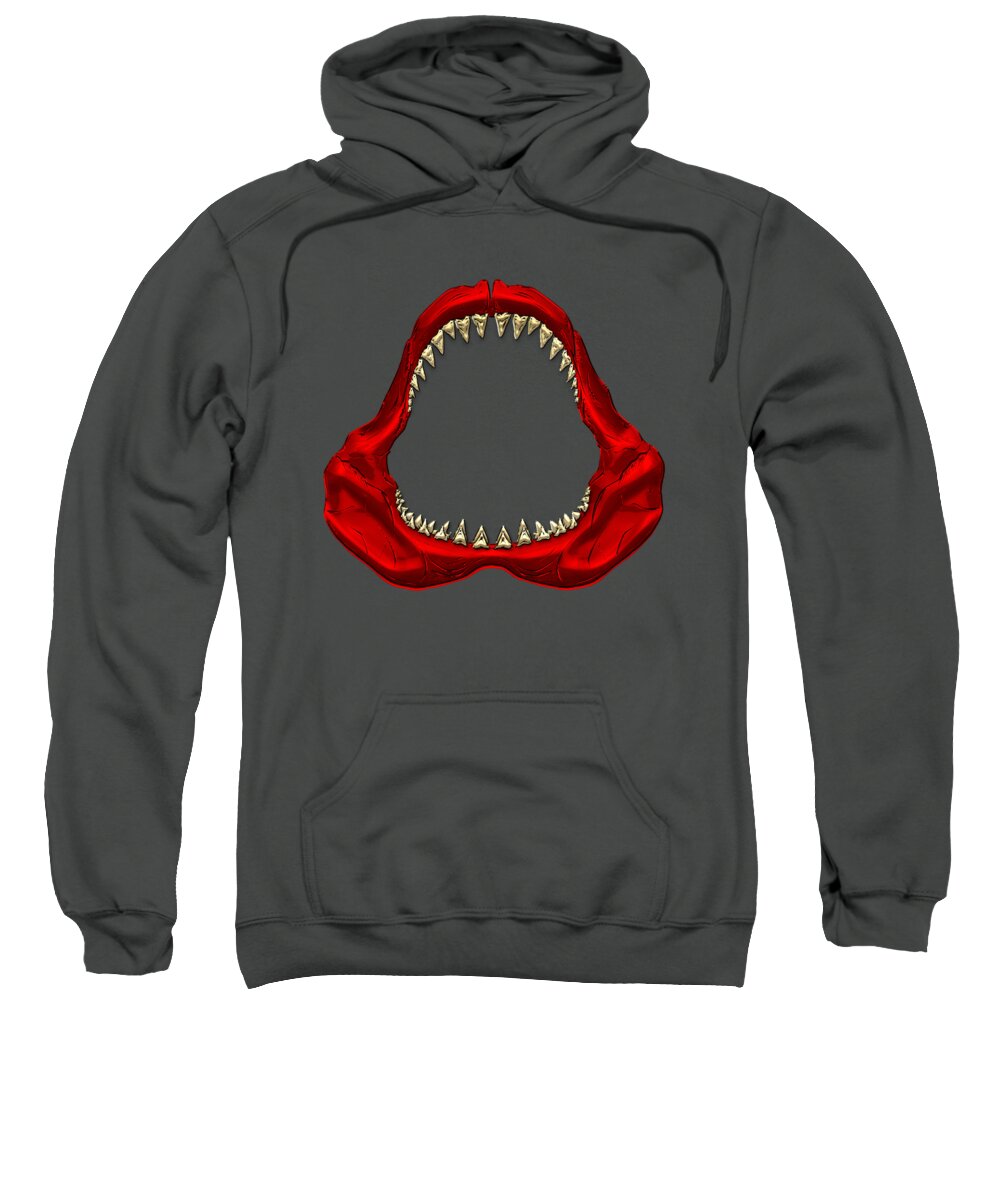 'visual Art Pop' Collection By Serge Averbukh Sweatshirt featuring the digital art Great White Shark - Red Jaws with Gold Teeth on Red Canvas by Serge Averbukh