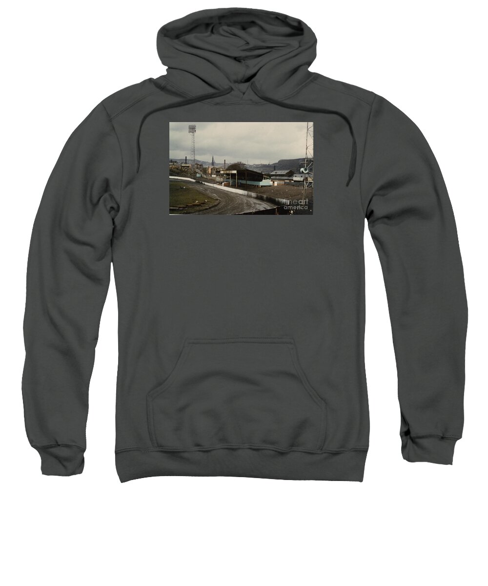  Sweatshirt featuring the photograph Halifax Town - The Shay - East Stand 1 - 1970s by Legendary Football Grounds