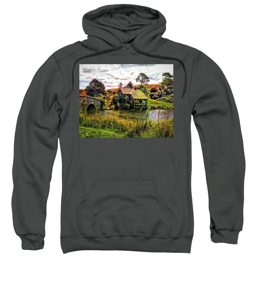 Landscape Sweatshirt featuring the photograph Hobbiton Mill and Bridge by Kathy Kelly