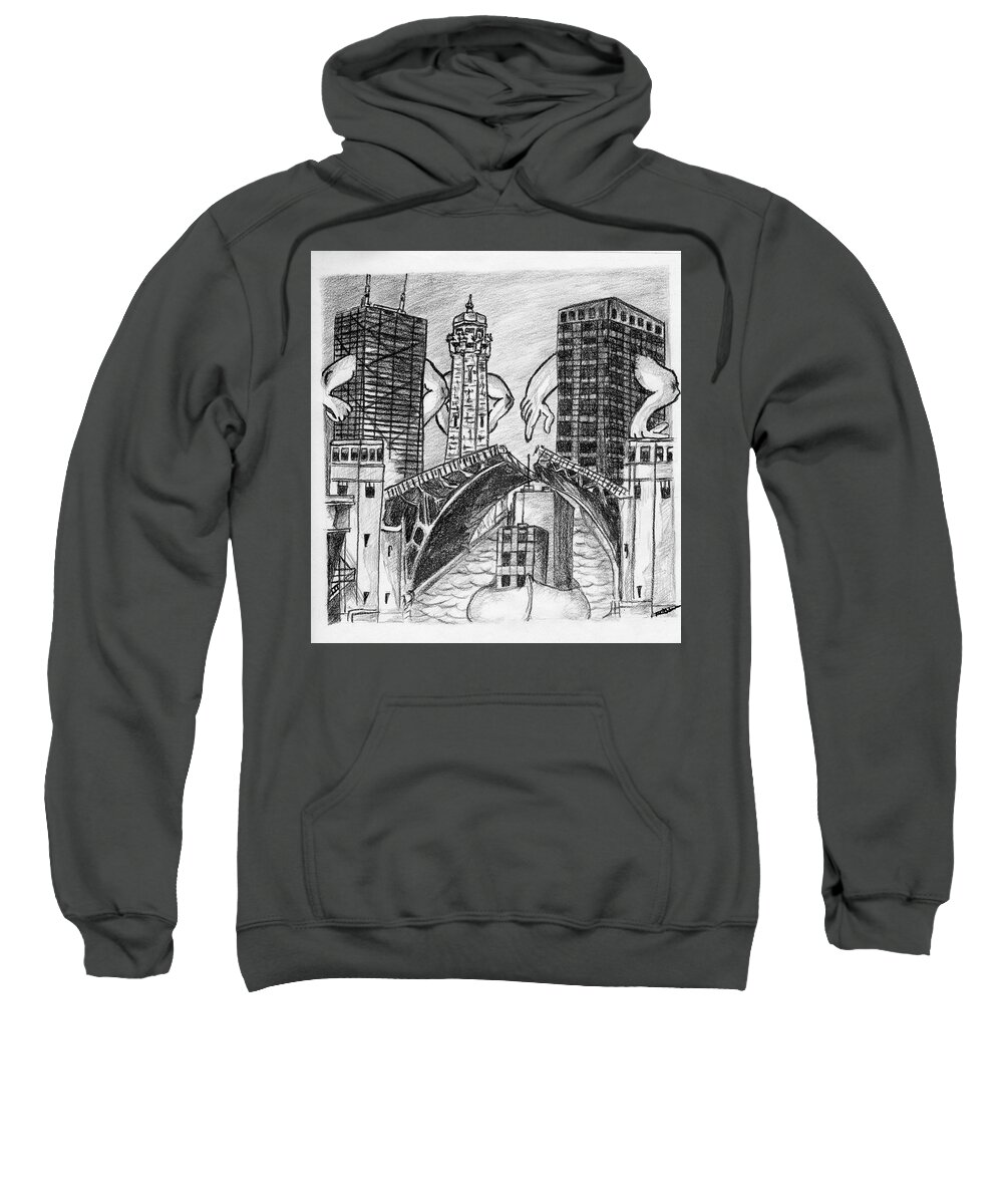 Humor Sweatshirt featuring the drawing Humor Chicago Landmarks by Michelle Gilmore
