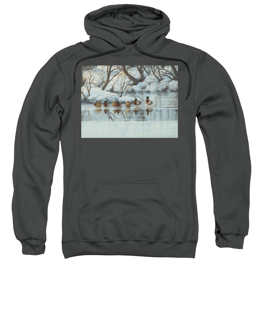 Mallards Sweatshirt featuring the painting Icy Pond Mallards by Guy Crittenden