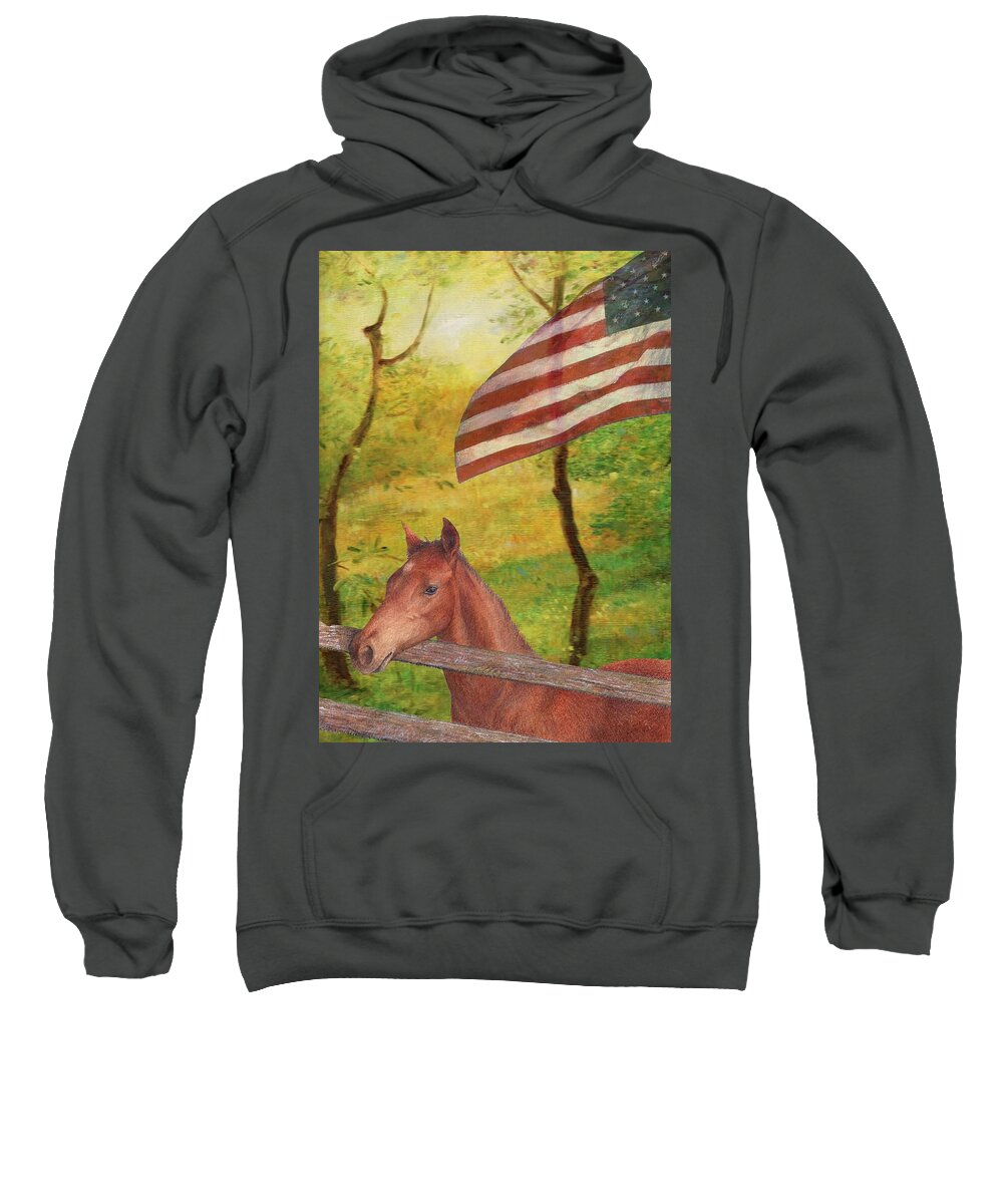 Illustrated Horse Sweatshirt featuring the painting Illustrated Horse in golden meadow by Judith Cheng