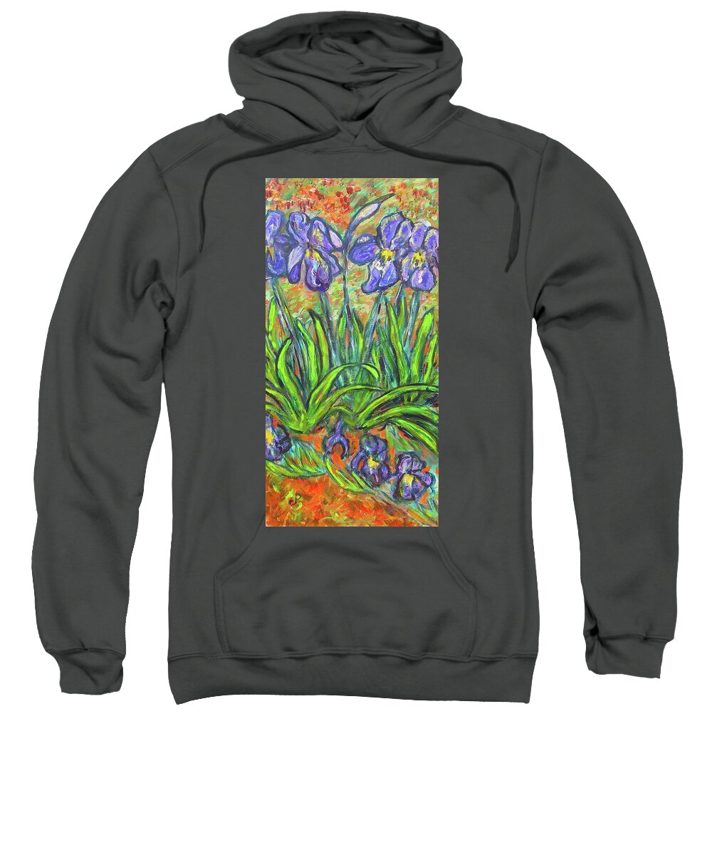 Iris Sweatshirt featuring the painting Irises in a sunny garden by Carolyn Donnell