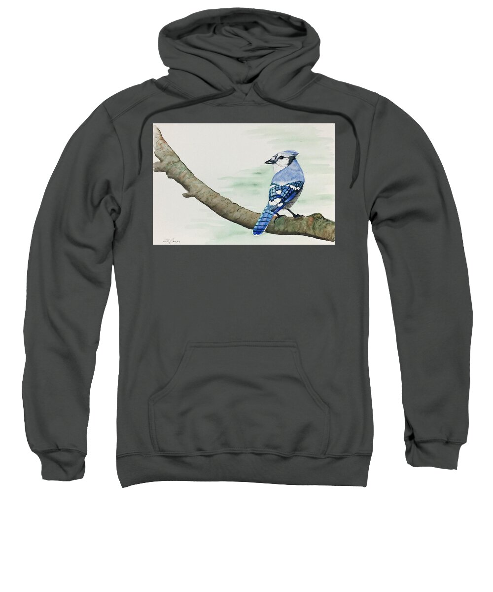 Blue Jay Sweatshirt featuring the painting Jay in the Pine by Sonja Jones