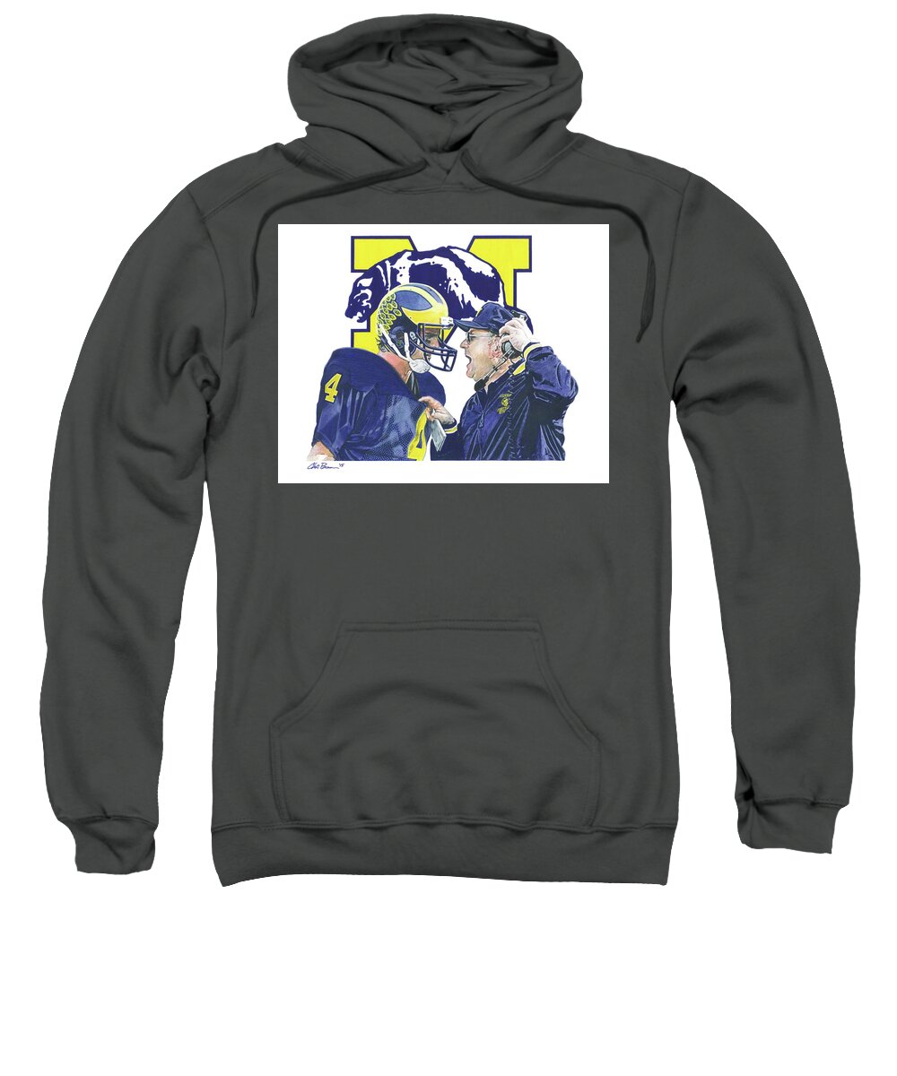 Michigan Wolverines Sweatshirt featuring the drawing Jim Harbaugh and Bo Schembechler by Chris Brown