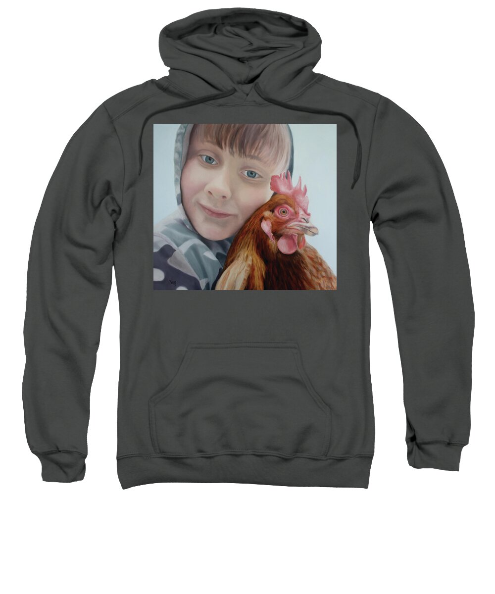 Boy; Chicken; Friendship; Caring; Camouflage; Contemplation Sweatshirt featuring the painting Johnathan by Marg Wolf