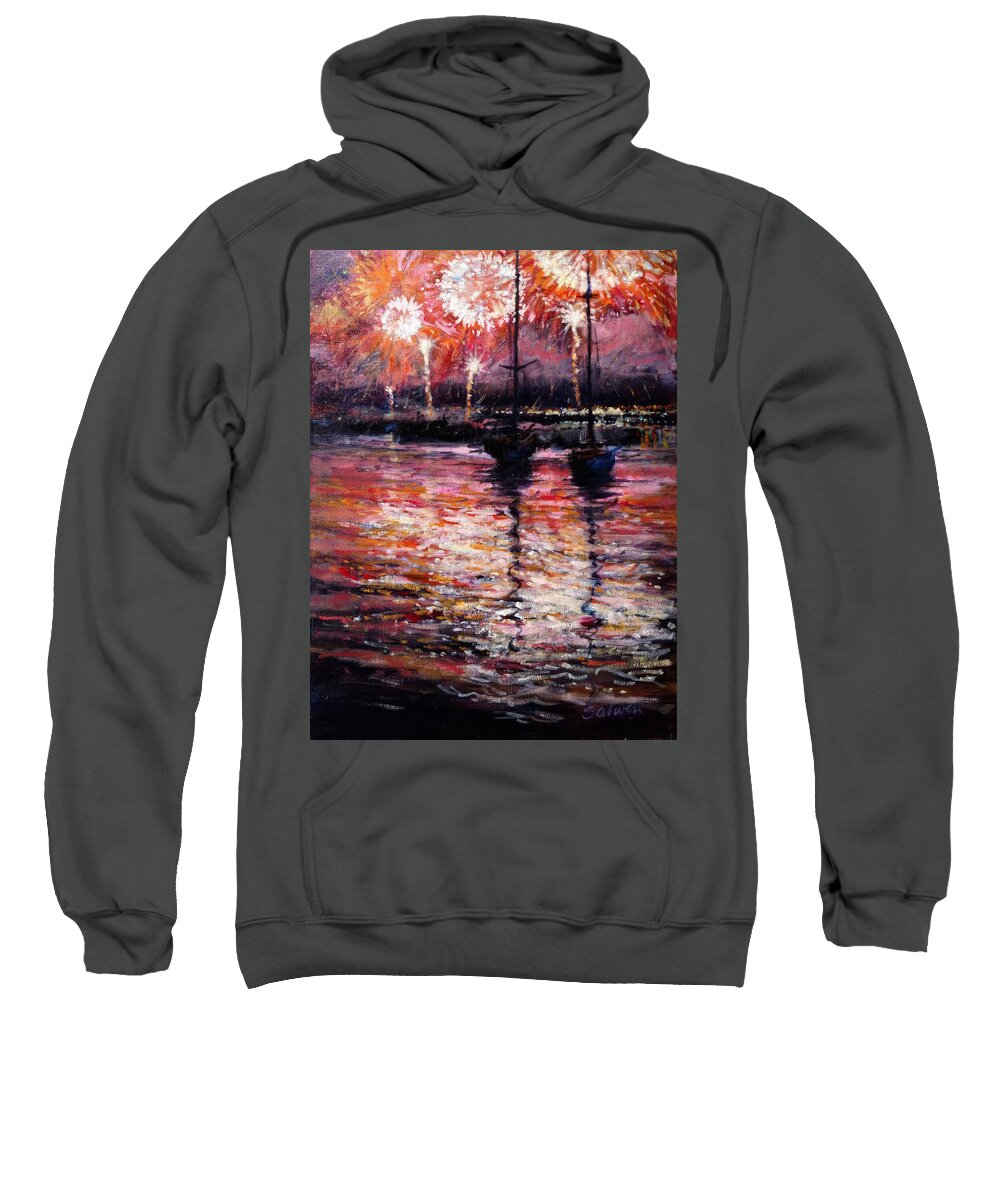 Fireworks Sweatshirt featuring the painting July Fourth Fireworks on the Hudson by Peter Salwen
