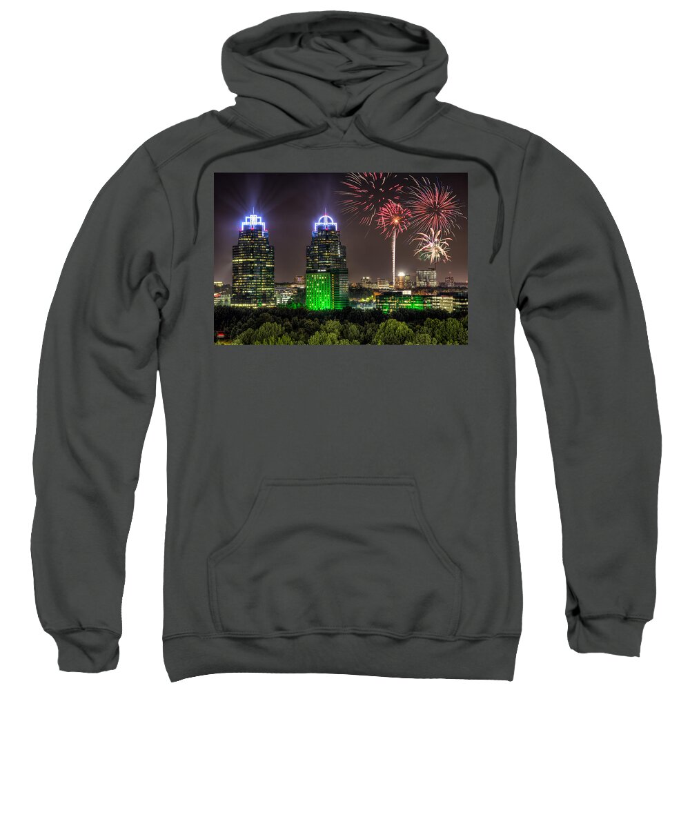 Sandy Springs Sweatshirt featuring the photograph King And Queen Buildings Fireworks by Anna Rumiantseva