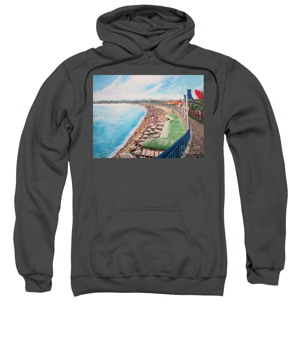 France Sweatshirt featuring the painting La Plage et Promenade des Anglais, Nice, France by C E Dill