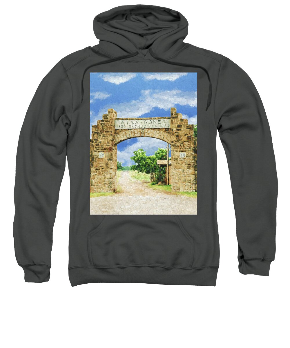 Texas Sweatshirt featuring the painting La Puerta Principal - Main Gate, Nbr 1H by Will Barger