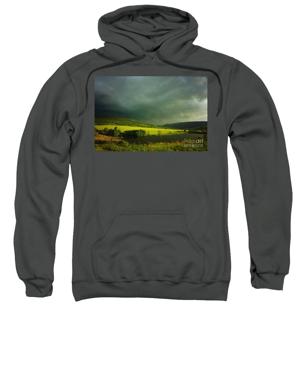 Landscape Sweatshirt featuring the photograph Lake and green fields by Dimitar Hristov