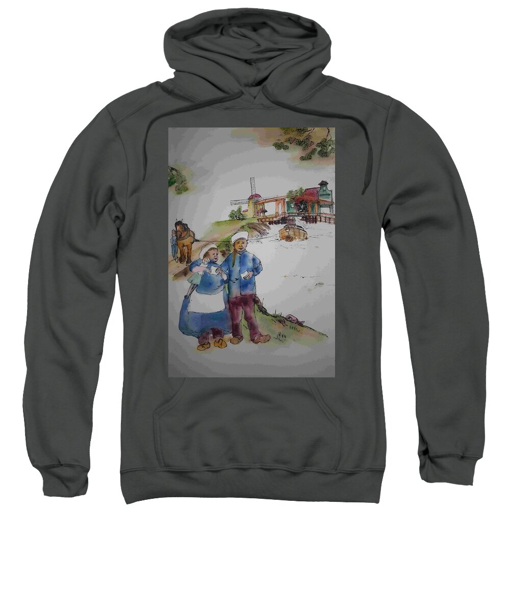 The Netherlands. Landscape. Cityscape. Canal. Children. Barge Horses. Barges. Sweatshirt featuring the painting Land of windmill clogs and tulips album by Debbi Saccomanno Chan