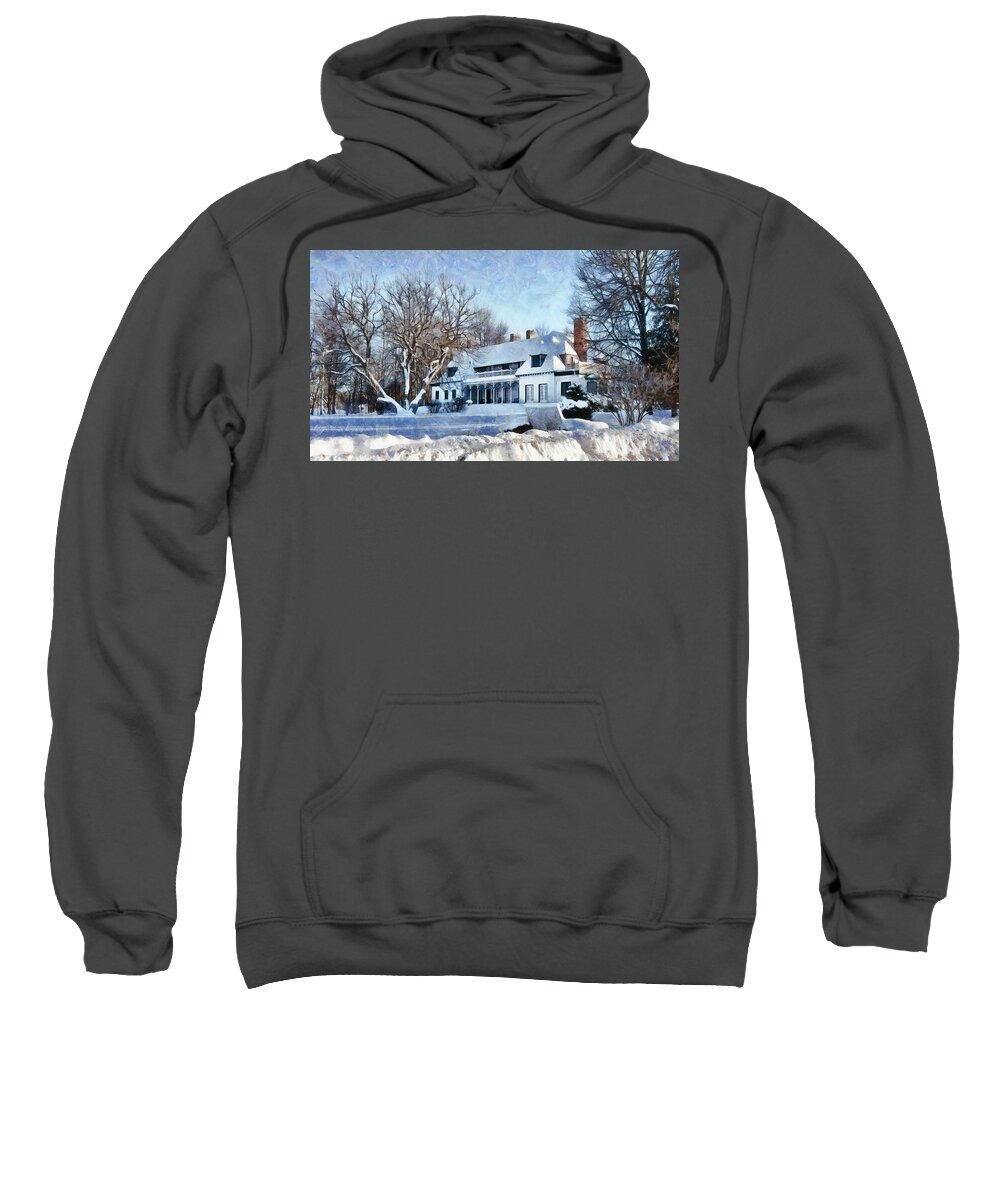 Winter Sweatshirt featuring the digital art Leacock Museum in Winter by JGracey Stinson