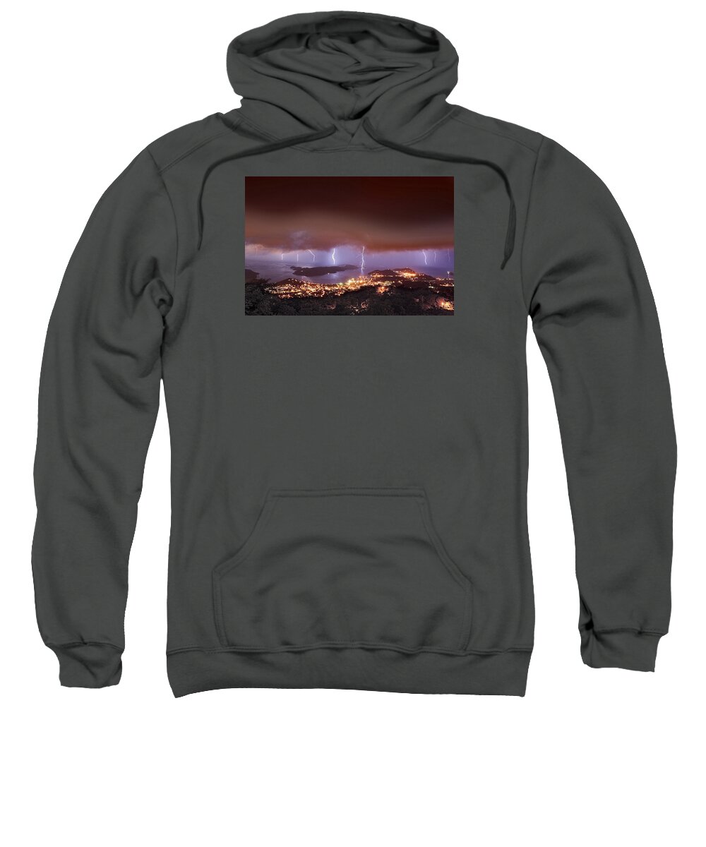 Lightning Sweatshirt featuring the photograph Lightning Over Water Island by Gary Felton