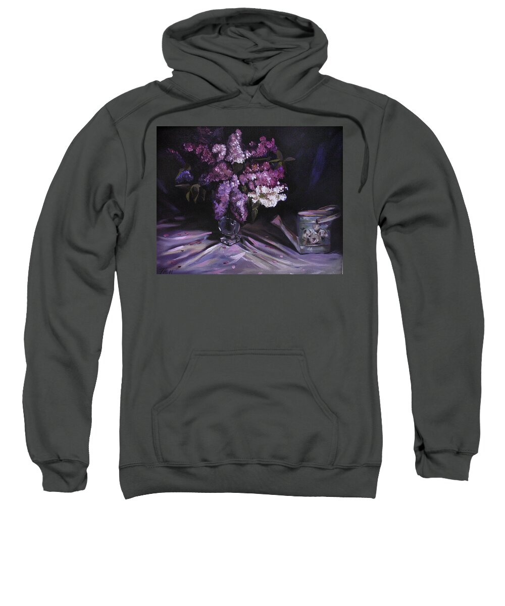 Lilacs Sweatshirt featuring the painting Lilacs with Watering Can by Nancy Griswold