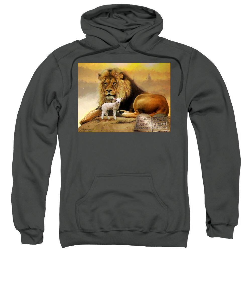 Lion And The Lamb Sweatshirt featuring the mixed media Lion and the lamb by Carl Gouveia