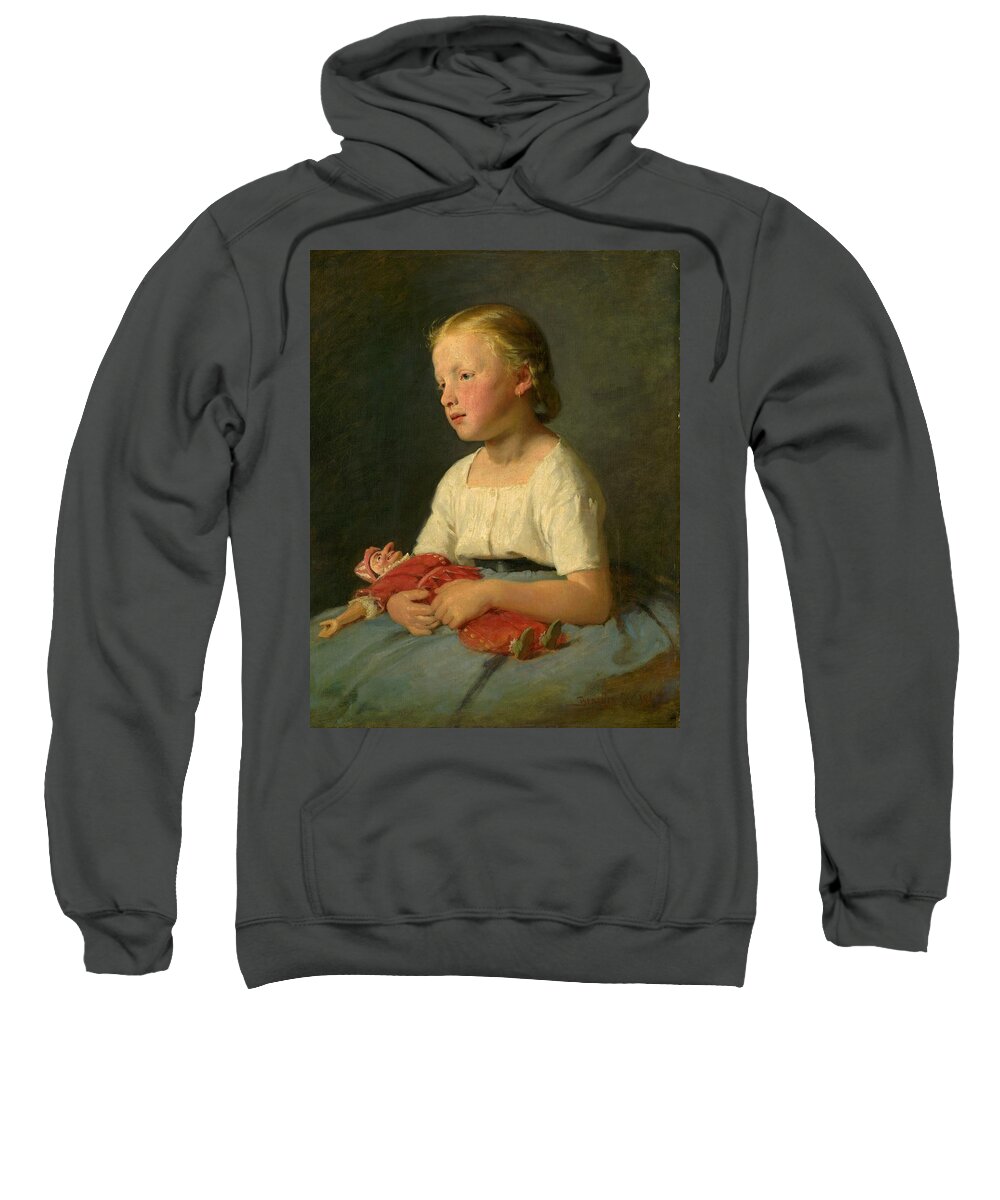 Portrait Sweatshirt featuring the painting Little girl with a doll, Gyula Benczur 1863 by Vincent Monozlay