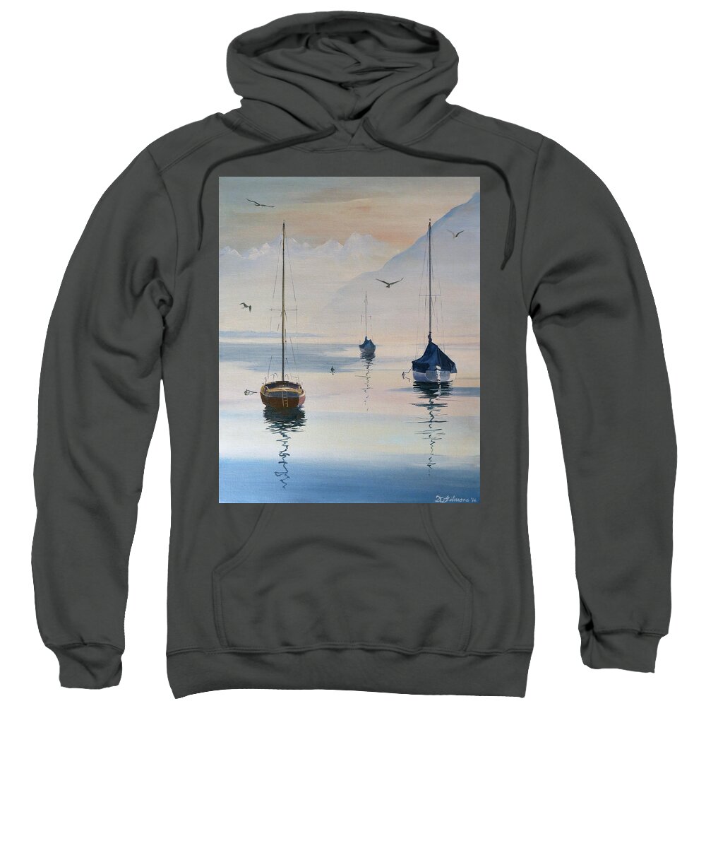 Locarno Sweatshirt featuring the painting Locarno Boats in February-2 by David Gilmore
