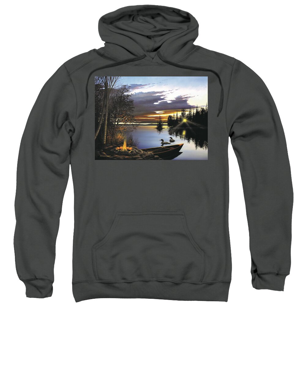Loon Sweatshirt featuring the painting Loon Lake by Anthony J Padgett