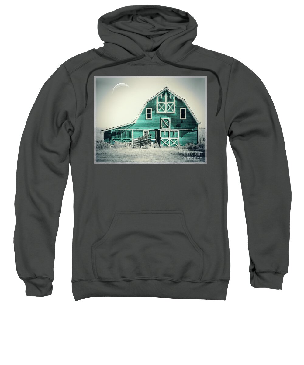 Barn Sweatshirt featuring the painting Luna Barn Teal by Mindy Sommers