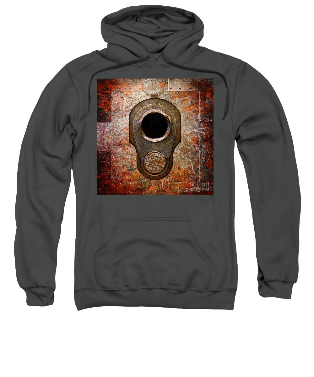 Colt Sweatshirt featuring the digital art M1911 Muzzle on Rusted Riveted Metal by Fred Ber