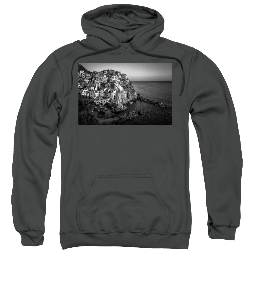 Joan Carroll Sweatshirt featuring the photograph Manarola Dusk Cinque Terre Italy BW by Joan Carroll