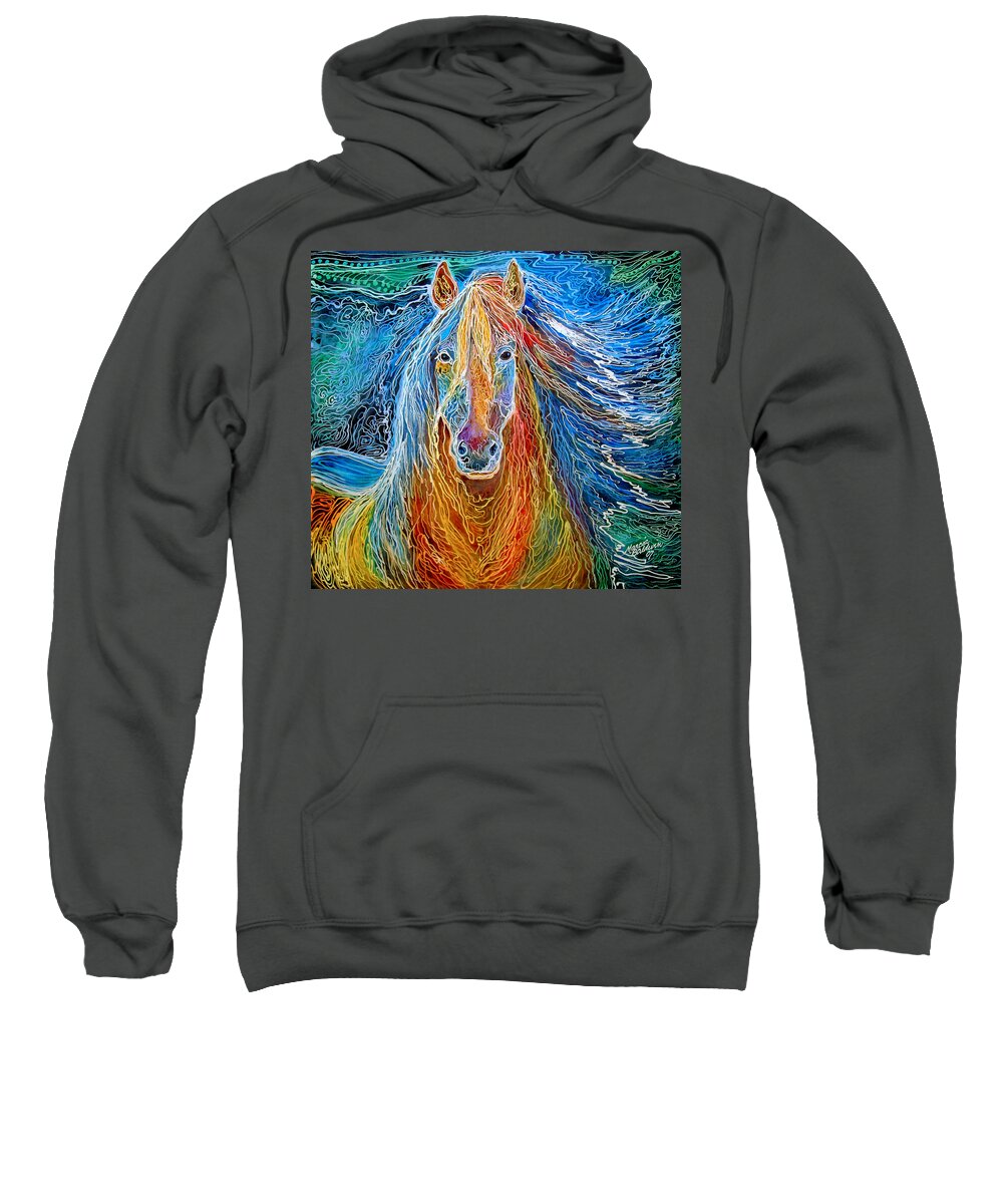 Batik Sweatshirt featuring the painting MidnightSun Equine Batik by Marcia Baldwin