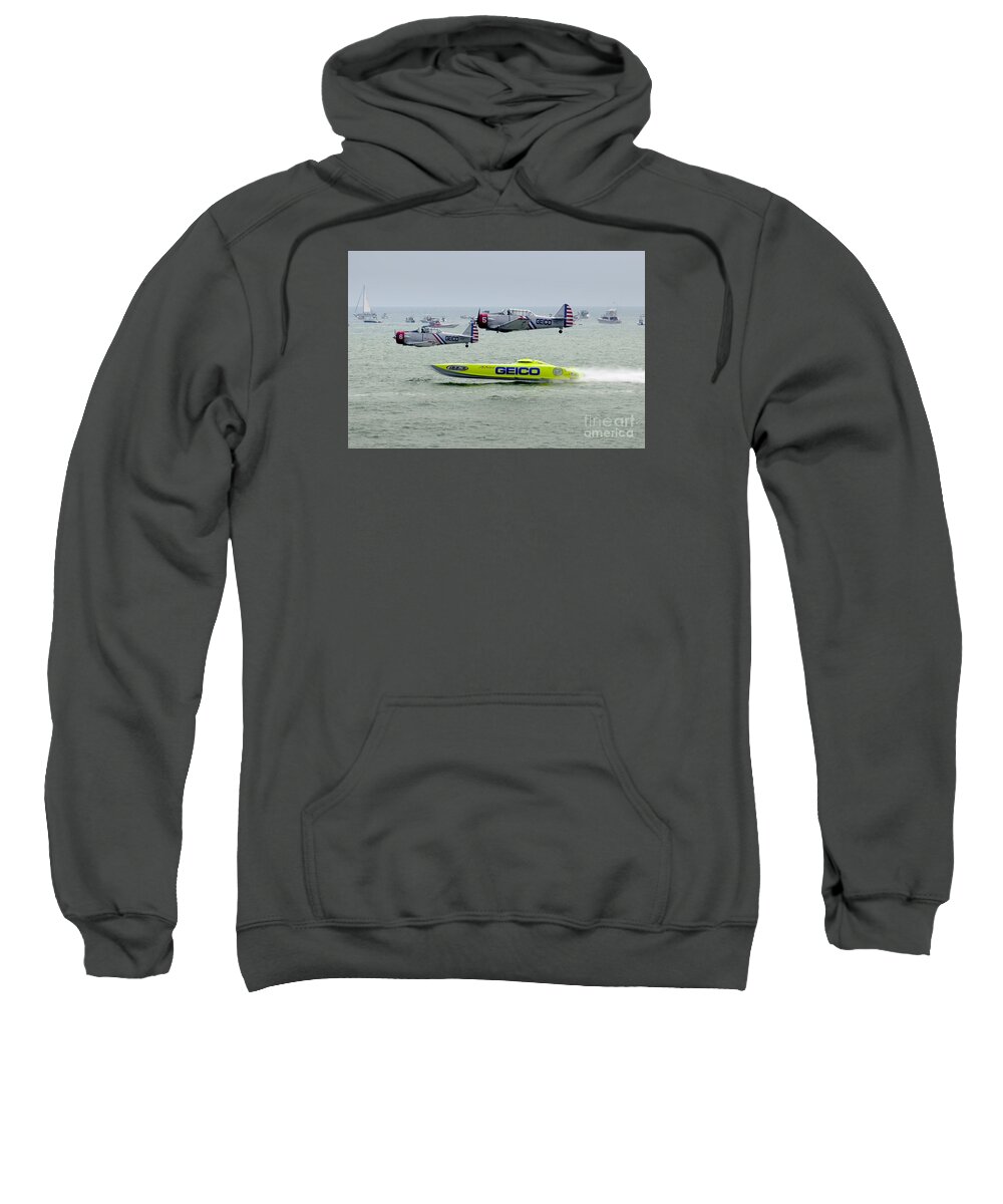 Geico Sweatshirt featuring the photograph Miss Geico and the Geico Skytypers Airshow Team by Anthony Totah