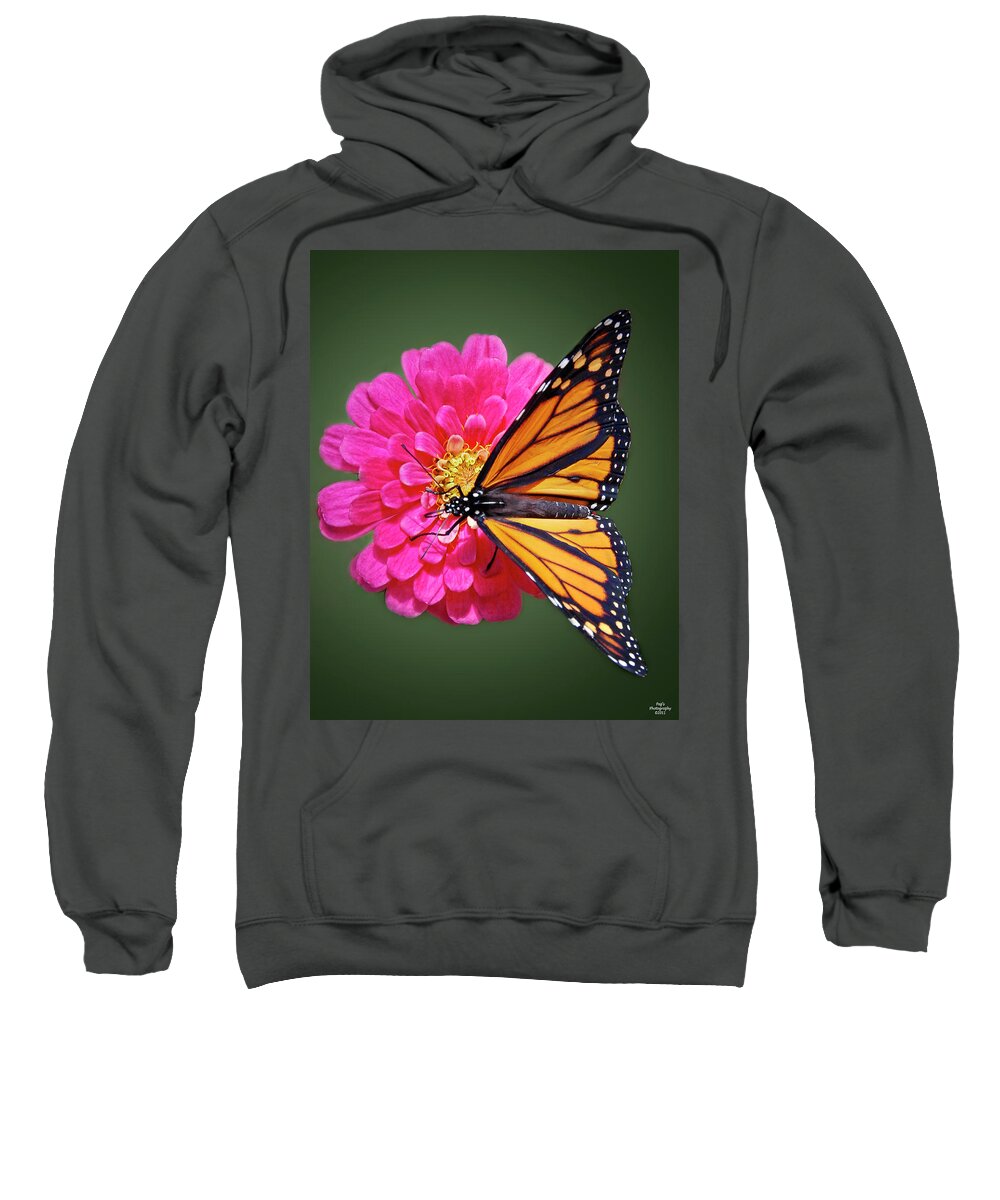 Monarch Butterfly Sweatshirt featuring the photograph Monarch Butterfly on Pink Flower by Peg Runyan