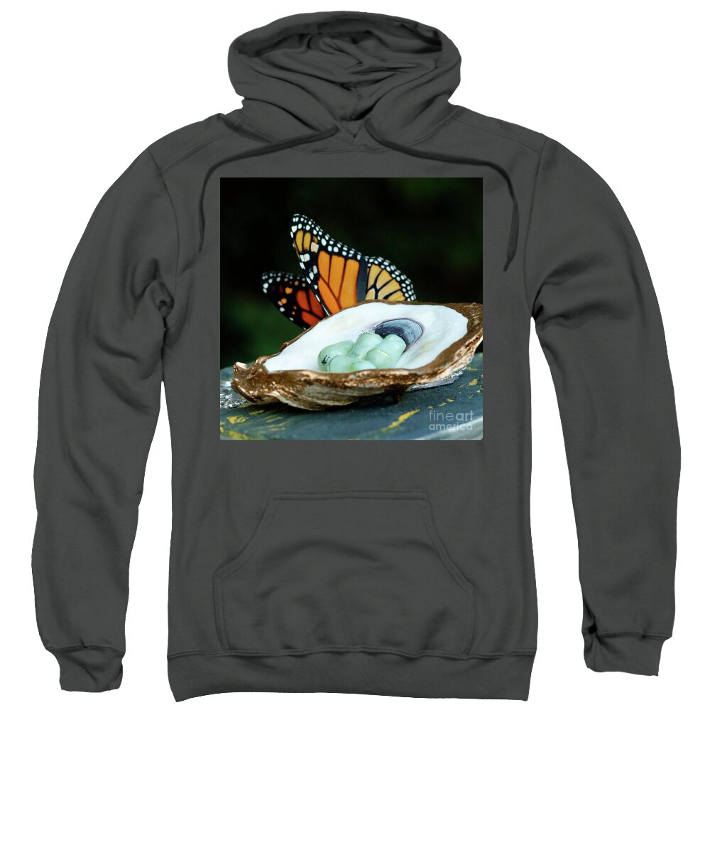 Oyster Shell Sweatshirt featuring the photograph Monarch Chrysalis in Oyster Shell with Butterfly by Luana K Perez