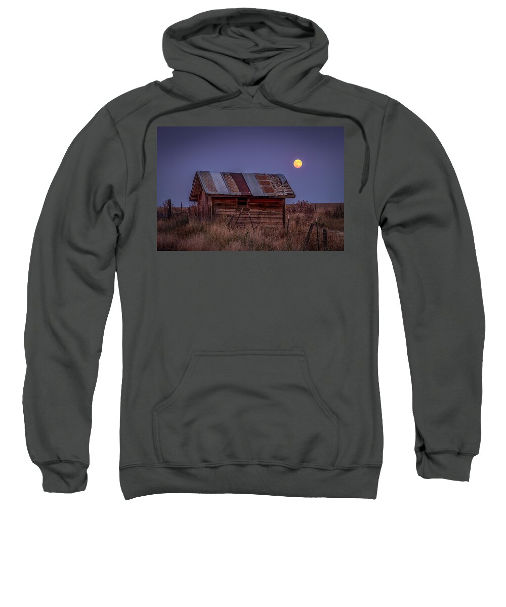 Super Full Moon Rustic Old Shed Out Building Lewiston Idaho Sweatshirt featuring the photograph Moonlit Shed by Brad Stinson