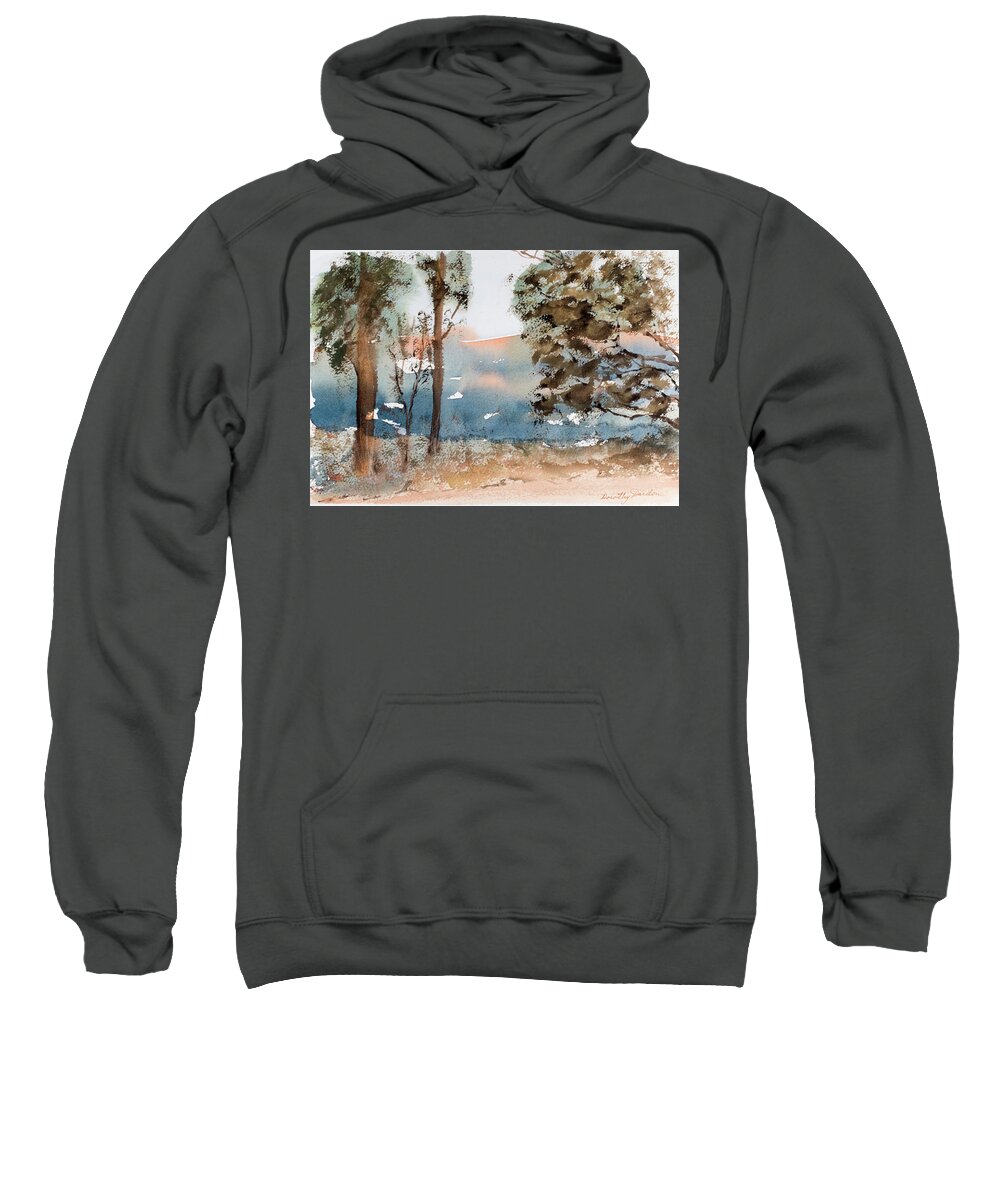Mt Field National Park Sweatshirt featuring the painting Mt Field Gum Tree Silhouettes against Salmon coloured Mountains by Dorothy Darden