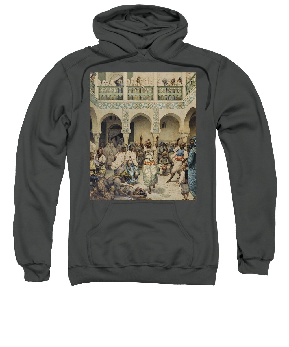 Durandalger ; Musicians And African Dancers In The Courtyard Of A Palace; Watercolor On Paper Sweatshirt featuring the painting Musicians And African Dancers by Eastern Accents