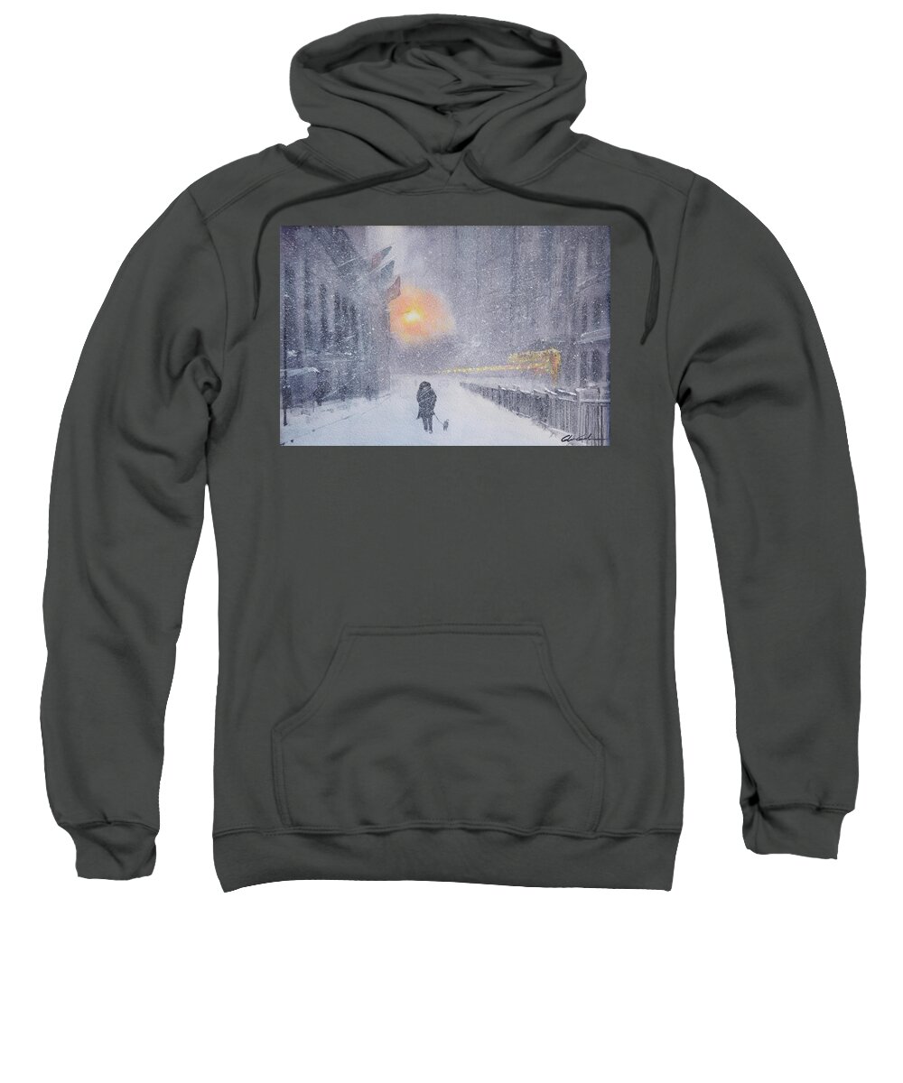 New York Sweatshirt featuring the painting New York Quiet Snowy Walk by Glenn Galen