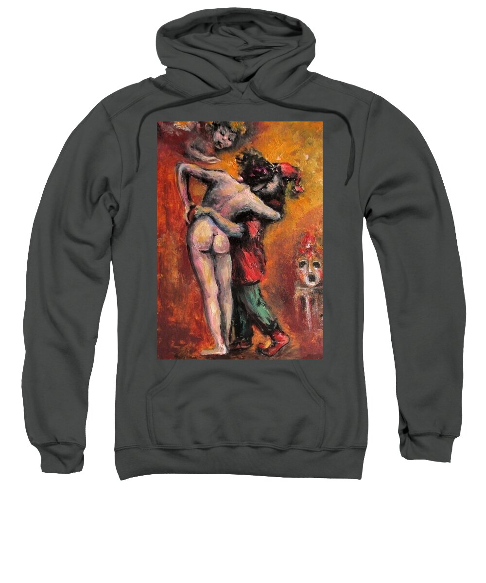 Nude Sweatshirt featuring the painting Nude and Clown by Natalja Picugina