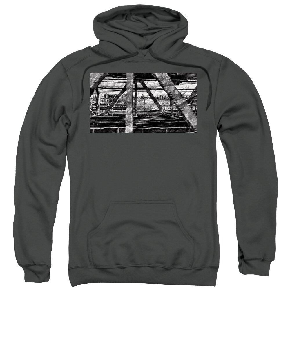 Black-and-white Photograph Sweatshirt featuring the photograph NYC Train Bridge Tracts by Joan Reese