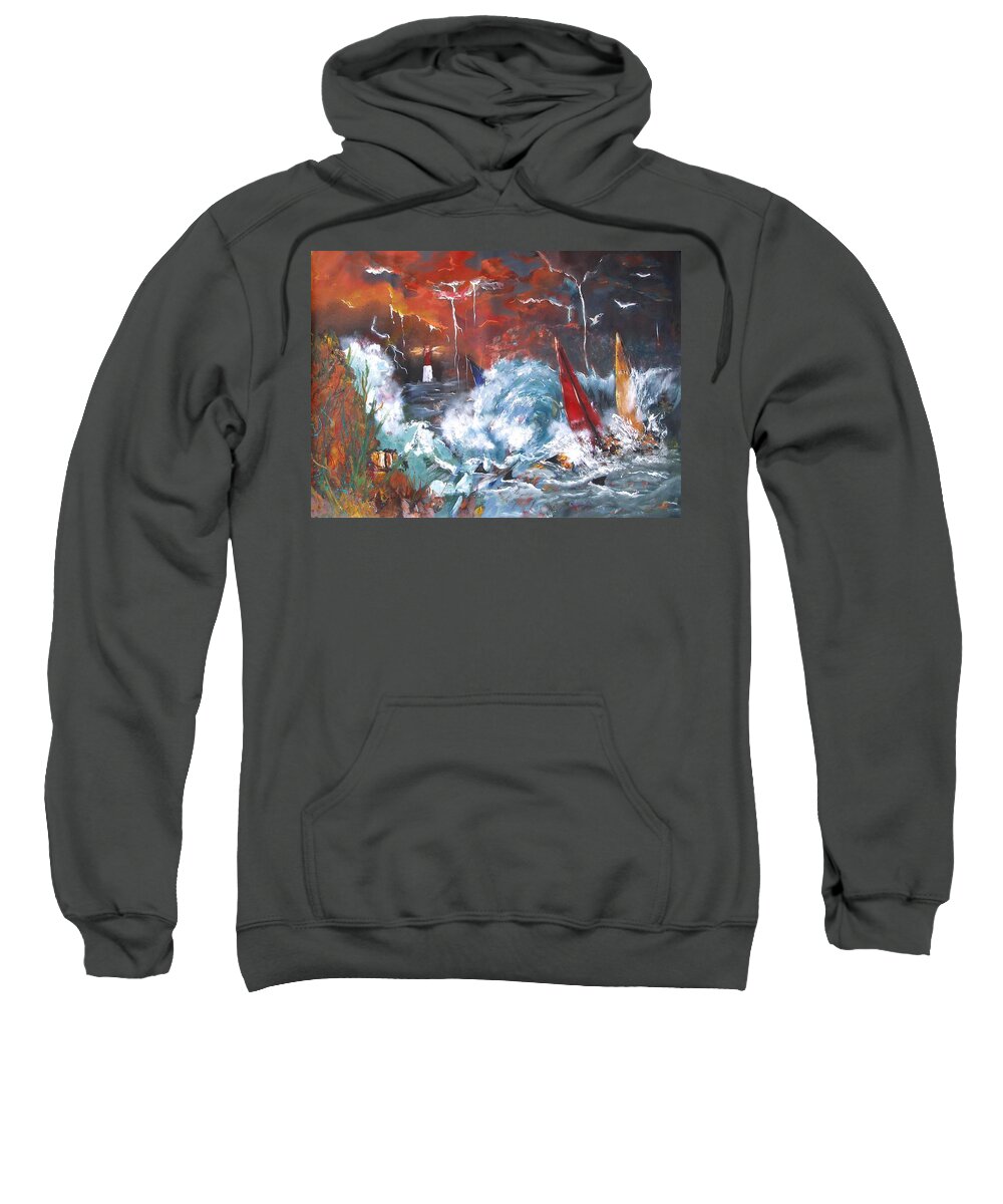 Ocean Fury Wave Disaster Storm Clouds Night Evening Rain Lighthouse Wind Surfing Sharks Fish Seaweed Seagull Water Sweatshirt featuring the painting Ocean Fury by Miroslaw Chelchowski