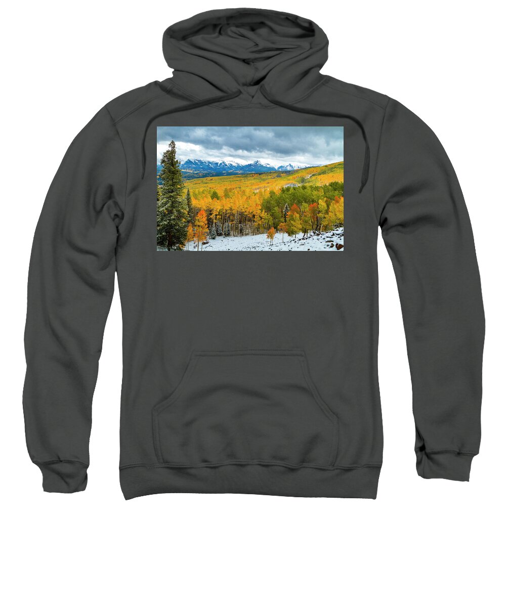 Aspen Trees Sweatshirt featuring the photograph Ohio Pass Road in Full Fall Color and Snow by Teri Virbickis
