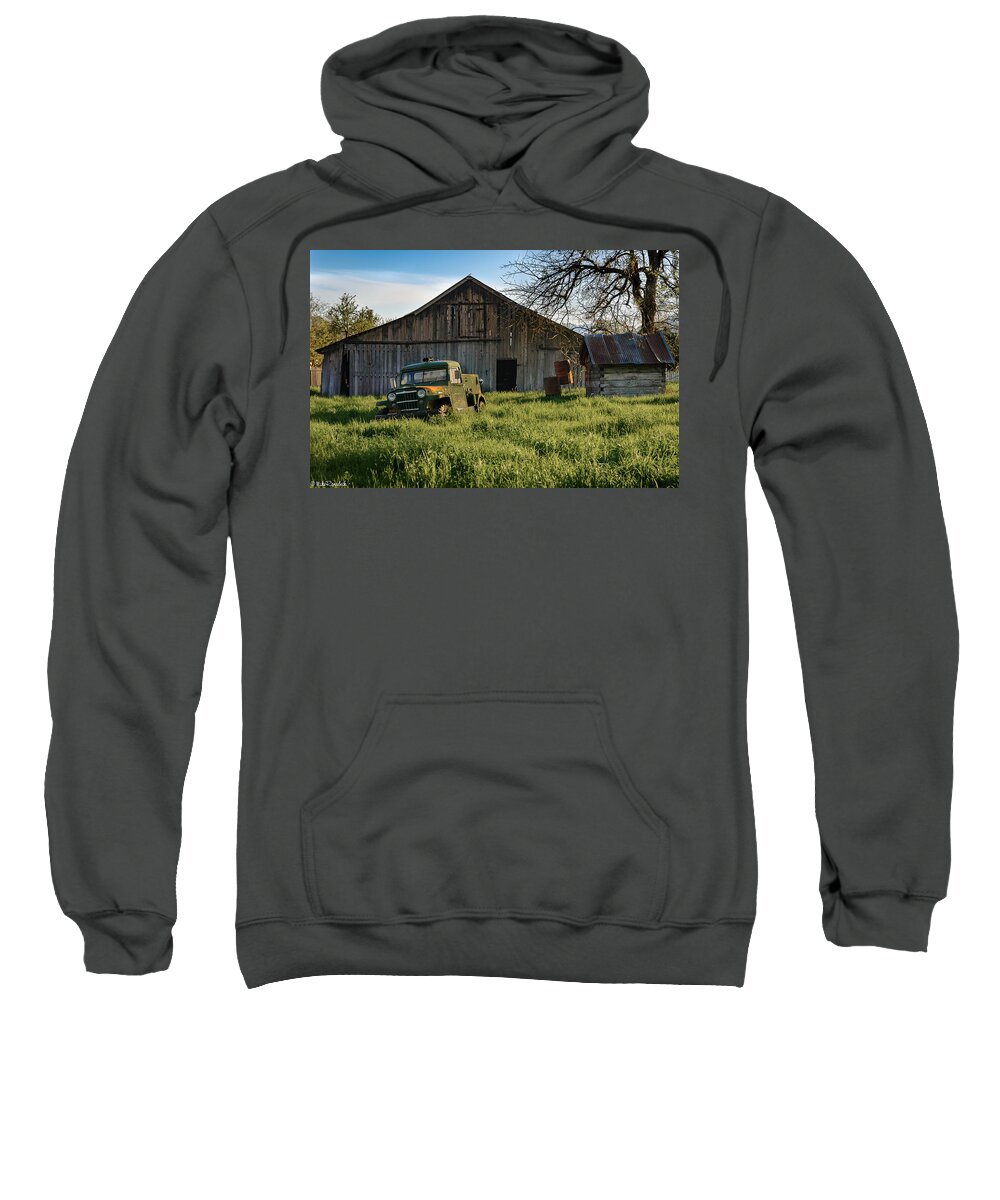 Pennington Sweatshirt featuring the photograph Old Jeep, Old Barn by Mike Ronnebeck