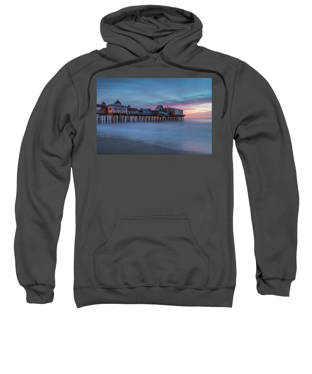 Maine Sweatshirt featuring the photograph Old Orcharch Beach Pier Sunrise by Colin Chase