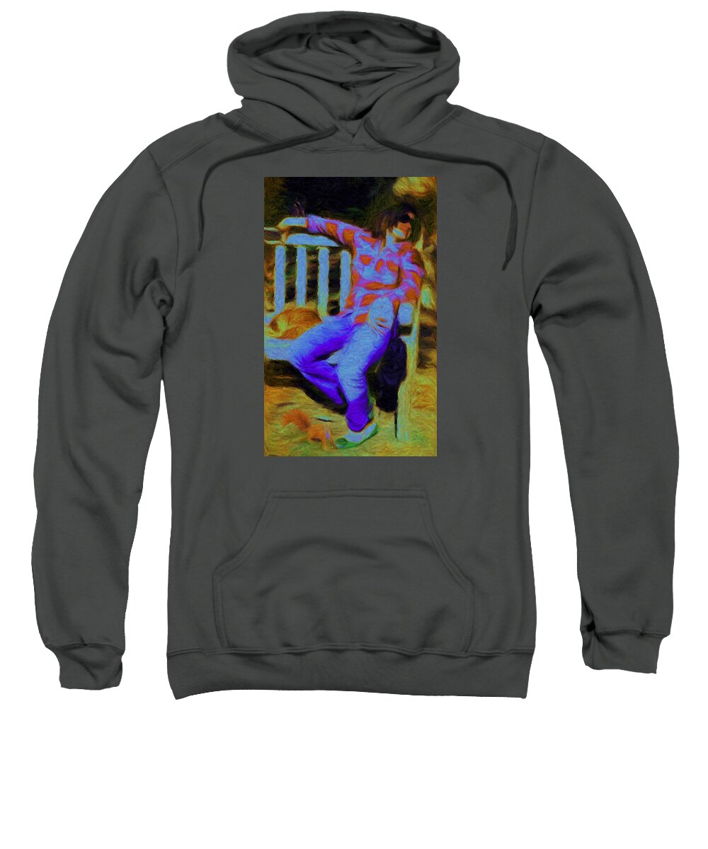 Lady With Cat Sweatshirt featuring the digital art On a Philadelphia Bench by Caito Junqueira