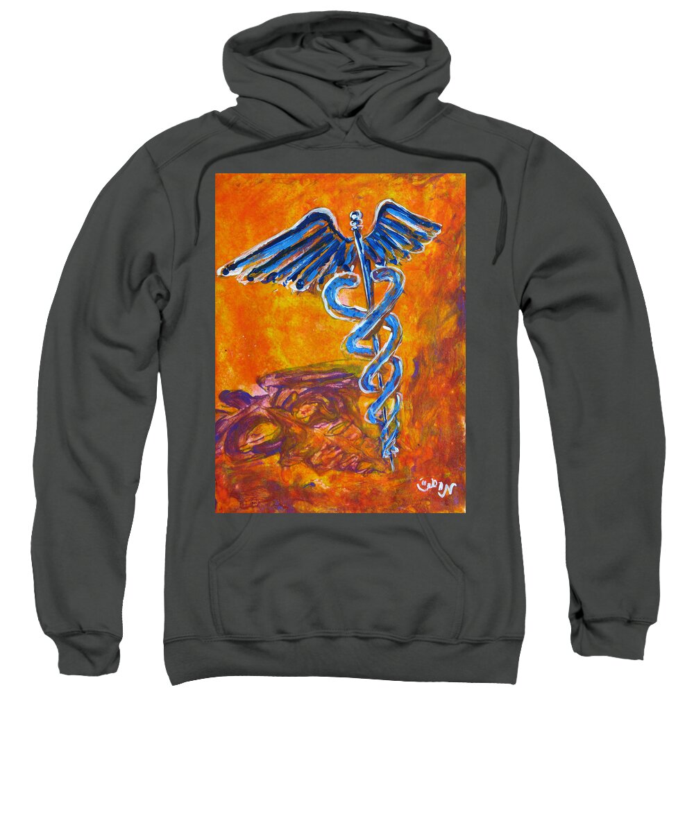 Medical Sweatshirt featuring the painting Orange Blue Purple Medical Caduceus thats Atmospheric and Rising with Mystery by M Zimmerman