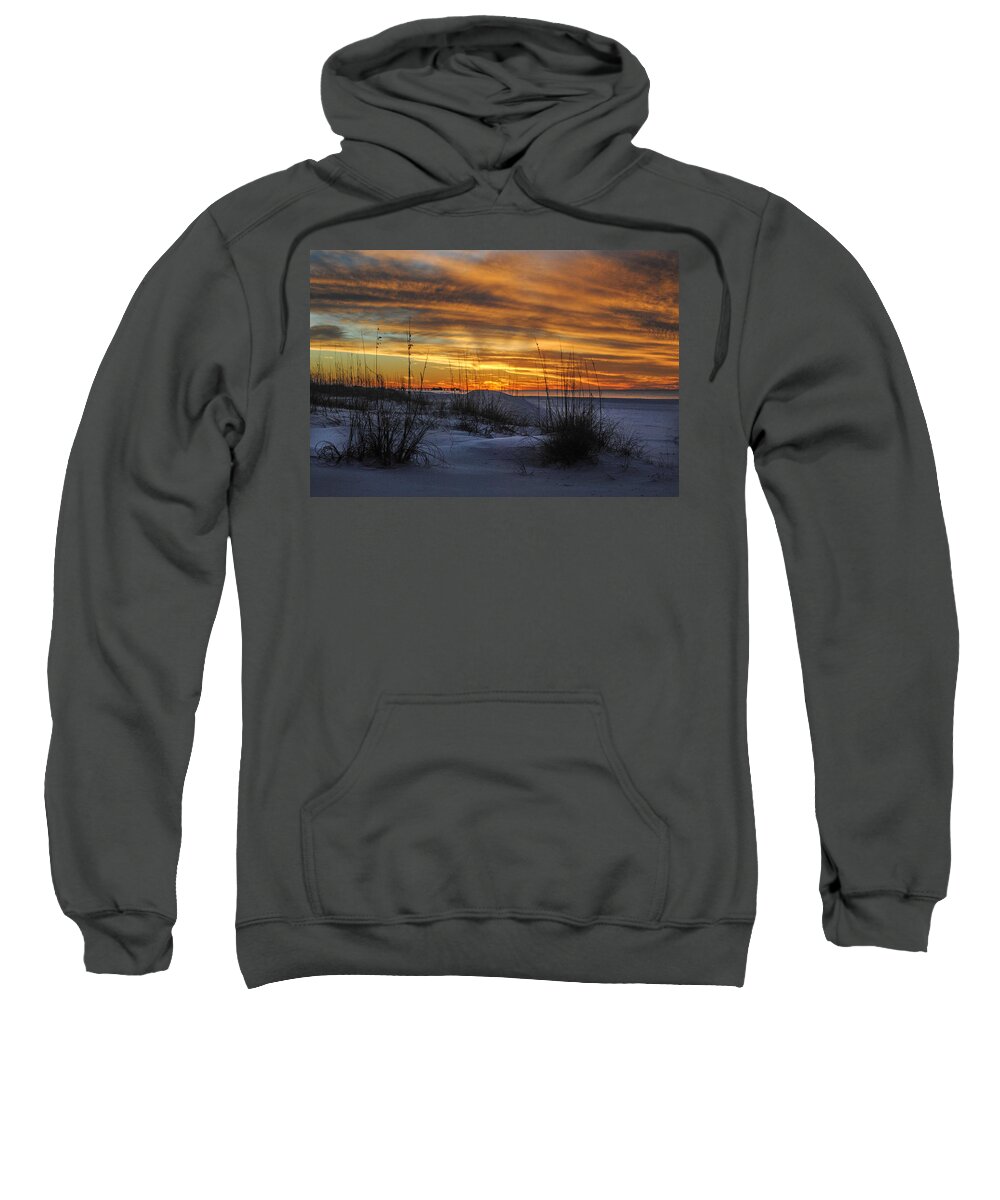Palm Sweatshirt featuring the digital art Orange Clouded Sunrise over the Pier by Michael Thomas